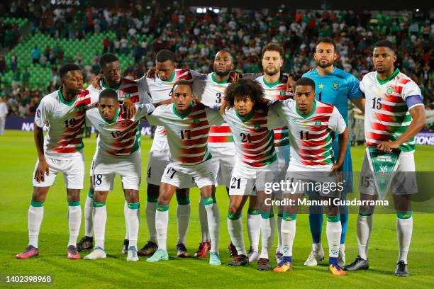 Players of Suriname pose prior the match between Mexico and Suriname as part of the CONCACAF Nations League at Corona Stadium on June 11, 2022 in...