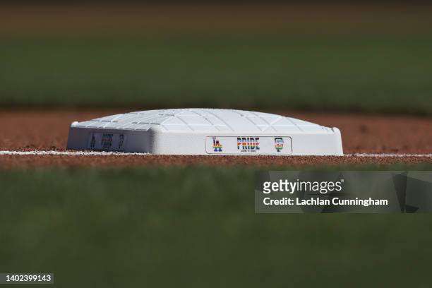Detailed view of a base with a Pride decal during the game between the San Francisco Giants and the Los Angeles Dodgers at Oracle Park on June 11,...
