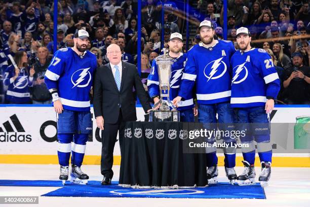 National Hockey League Deputy Commissioner Bill Daly poses with Alex Killorn, Steven Stamkos, Victor Hedman and Ryan McDonagh of the Tampa Bay...