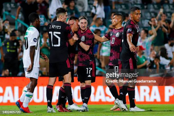 Erick Sanchez of Mexico celebrates after scoring the third goal of his team during the match between Mexico and Suriname as part of the CONCACAF...