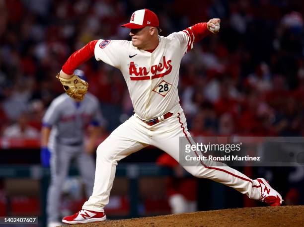 Aaron Loup of the Los Angeles Angels throws against the New York Mets in the seventh inning at Angel Stadium of Anaheim on June 11, 2022 in Anaheim,...