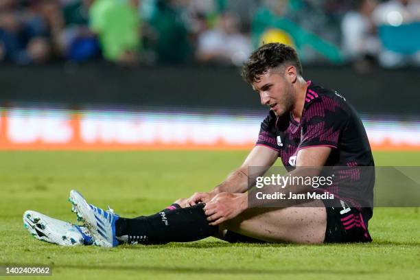 Santiago Gimenez of Mexico reacts during the match between Mexico and Suriname as part of the CONCACAF Nations League at Corona Stadium on June 11,...