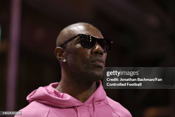 Terrell Owens looks on in the second half during the Fan Controlled Football Season v2.0 - Championship between the Zappers and Bored Ape FC on June...