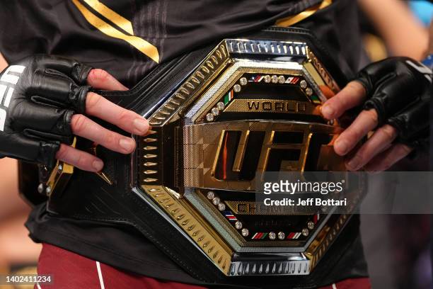 Detail view of the UFC light heavyweight championship belt on the waist of Jiri Prochazka of Czech Republic after his victory over Glover Teixeira of...