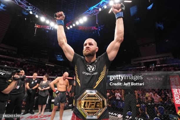 Jiri Prochazka of Czech Republic celebrates after his submission victory over Glover Teixeira of Brazil in the UFC light heavyweight championship...