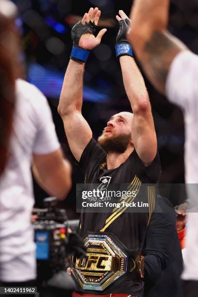 Jiri Prochazka of Czech Republic celebrates defeating Glover Teixeira of Brazil by submission in the UFC light heavyweight championship fight at...