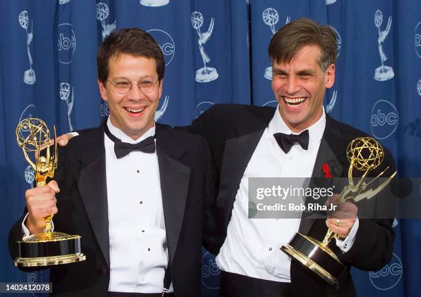 Writers Rick Cleveland and Aaron Sorkin backstage at the 52nd Emmy Awards Show at the Shrine Auditorium, September 10, 2000 in Los Angeles,...