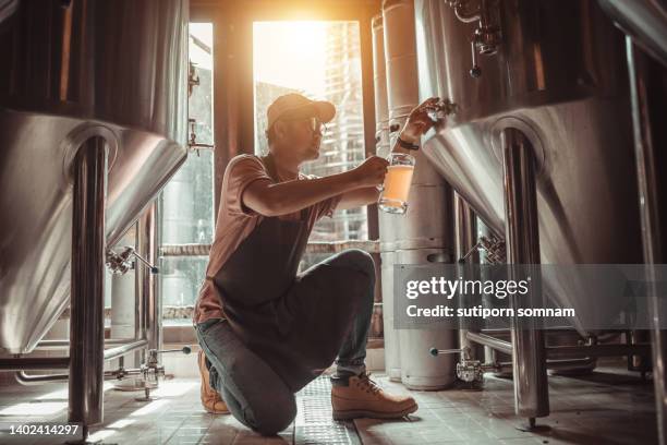 male brewer pouring beer  from tank beer - gären stock-fotos und bilder