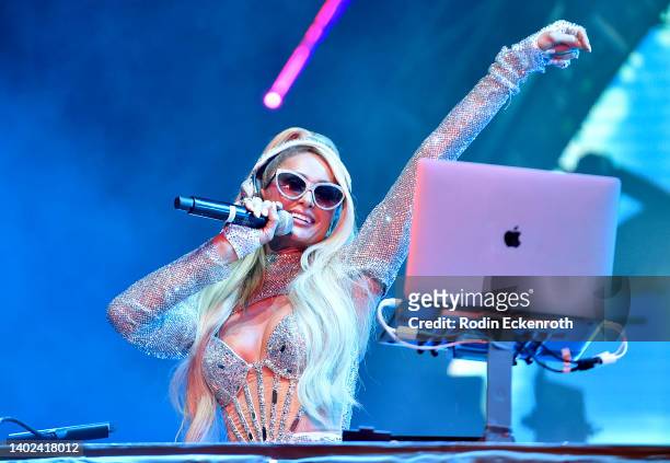 Paris Hilton performs with Christina Aguilera onstage during LA Pride's Official In-Person Music Event "LA Pride In The Park" Presented by...