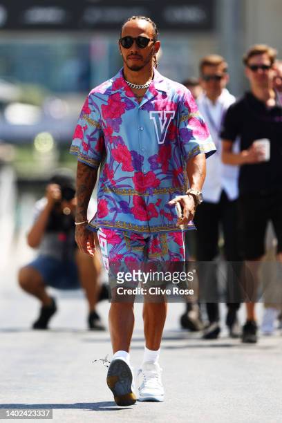 Lewis Hamilton of Great Britain and Mercedes walks in the Paddock ahead of the F1 Grand Prix of Azerbaijan at Baku City Circuit on June 12, 2022 in...