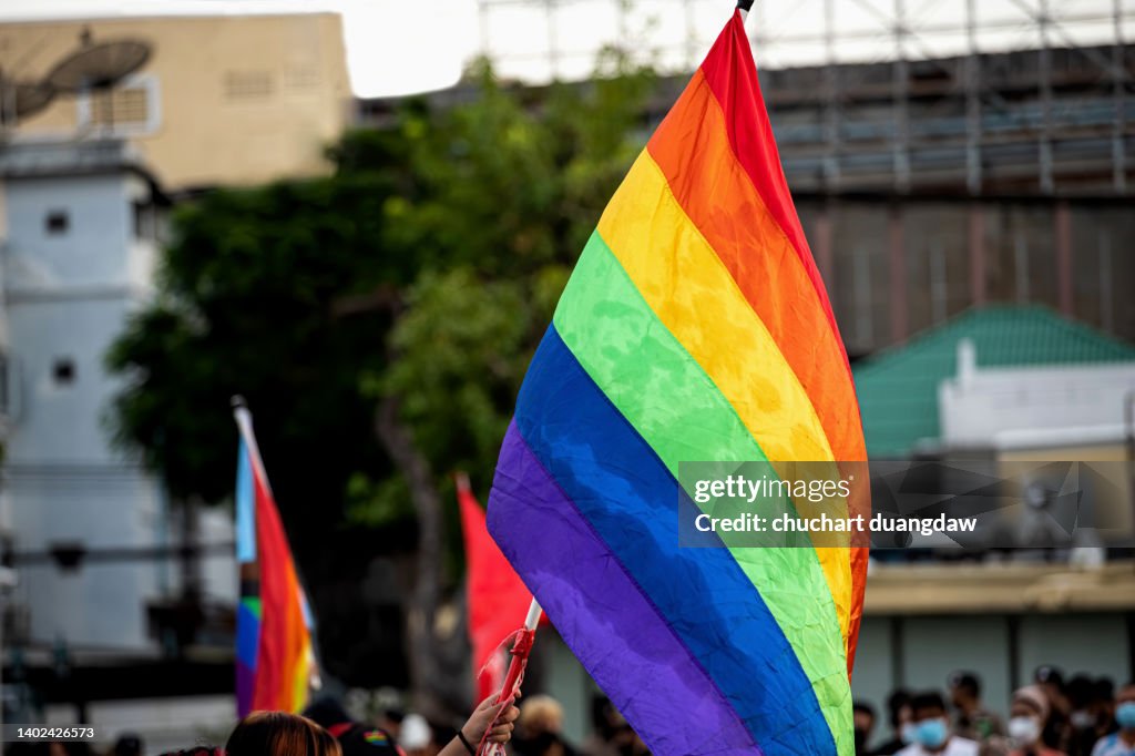 Rainbow flag showing support for the LGBT community with people at the pride event