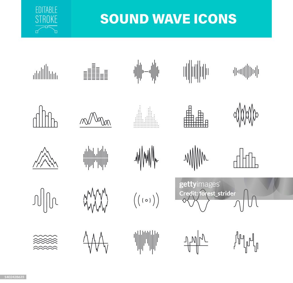 Sound Waves Icons Editable Stroke. The set contains icon as Noise, Wave Pattern, Music, Voice Signal