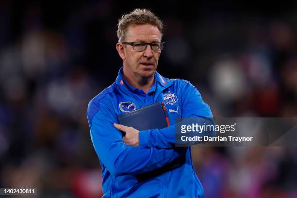 David Noble, Senior coach of the Kangaroos looks on after the round 13 AFL match between the North Melbourne Kangaroos and the Greater Western Sydney...