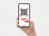 Woman hand holding and touching smartphone screen with thumb, Scan qr code, vector illustration