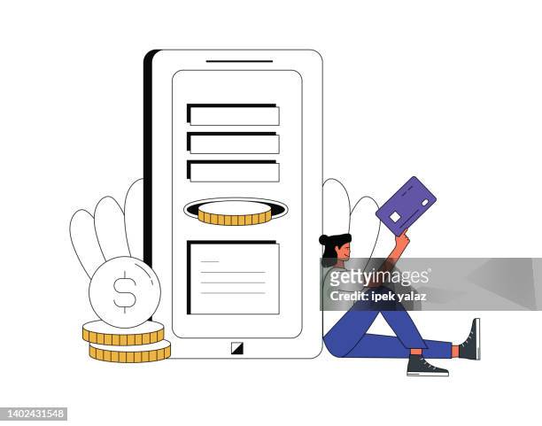 lecture of a woman with a credit card and telephone banking. - mobile shopping stock illustrations
