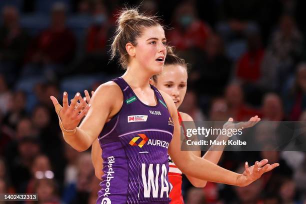 Lara Dunkley of the Firebirds appeals to the umpire during the round 14 Super Netball match between NSW Swifts and Queensland Firebirds at Ken...