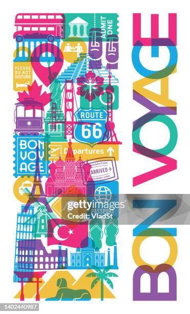 world travel brochure flyer holiday destinations expat traveler tourist icons landmarks - bon voyage stock illustrations