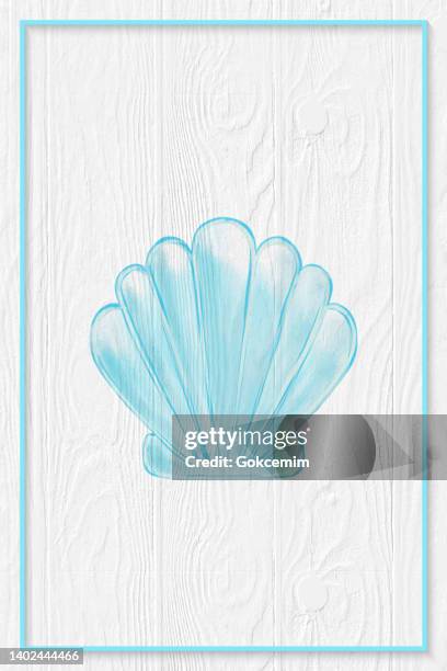 hand drawn blue sea shell with white washed wood paneling background, decorative art . watercolor sea shell vector background. - scallop pattern stock illustrations