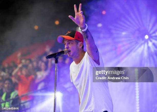 Ryan Tedder of pop band OneRepublic performs onstage during the pre-game concert ahead of BC Lions season kick off game against Edmonton Elks at BC...