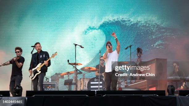 Ryan Tedder of pop band OneRepublic performs onstage during the pre-game concert ahead of BC Lions season kick off game against Edmonton Elks at BC...