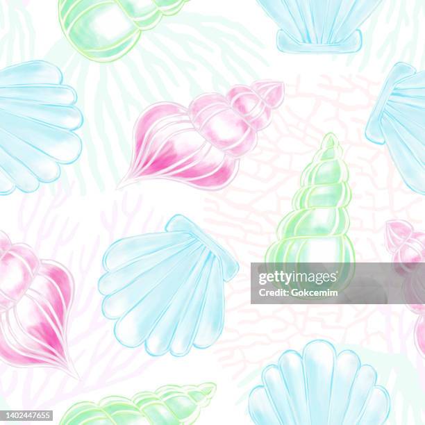 hand drawn, watercolor, multi-colored sea shells and corals seamless pattern. shells vector background. - scallop pattern stock illustrations