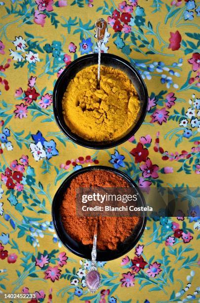 paprika and curry bowls - indian food bowls stock-fotos und bilder
