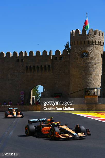 Lando Norris of Great Britain driving the McLaren MCL36 Mercedes leads Daniel Ricciardo of Australia driving the McLaren MCL36 Mercedes during the F1...