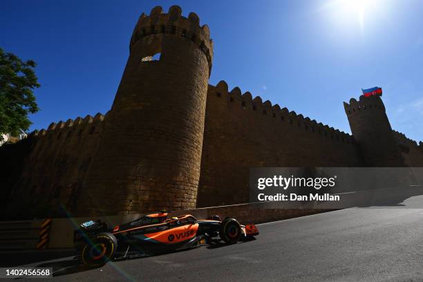 Lando Norris of Great Britain driving the McLaren MCL36 Mercedes on track during the F1 Grand Prix of Azerbaijan at Baku City Circuit on June 12,...