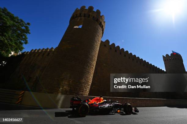 Max Verstappen of the Netherlands driving the Oracle Red Bull Racing RB18 on track during the F1 Grand Prix of Azerbaijan at Baku City Circuit on...