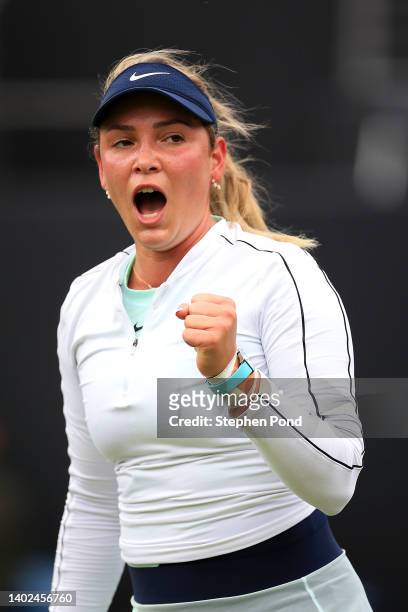 Donna Vekic of Croatia celebrates match point against Gabriela Lee of Romania in qualifying on Day Two of the Rothesay Classic Birmingham at...