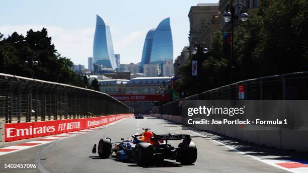 Max Verstappen of the Netherlands driving the Oracle Red Bull Racing RB18 on track during the F1 Grand Prix of Azerbaijan at Baku City Circuit on...