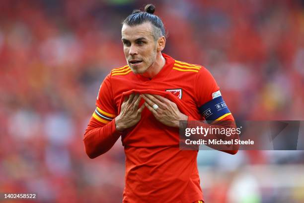 Gareth Bale of Wales during the UEFA Nations League League A Group 4 match between Wales and Belgium at Cardiff City Stadium on June 11, 2022 in...