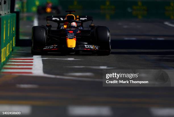 Max Verstappen of the Netherlands driving the Oracle Red Bull Racing RB18 on track during the F1 Grand Prix of Azerbaijan at Baku City Circuit on...