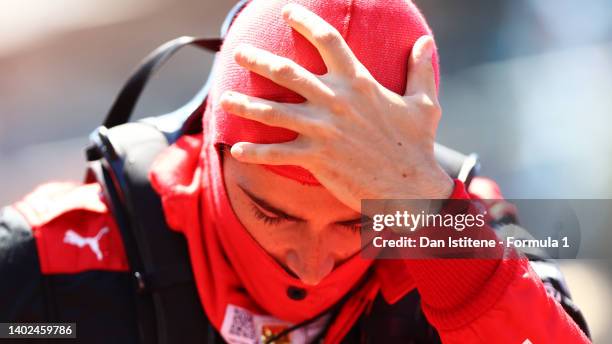 Charles Leclerc of Monaco and Ferrari prepares to drive on the grid during the F1 Grand Prix of Azerbaijan at Baku City Circuit on June 12, 2022 in...
