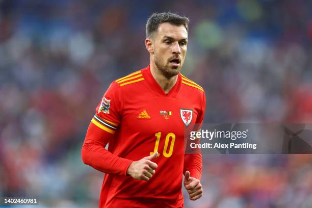 Aaron Ramsey of Wales during the UEFA Nations League League A Group 4 match between Wales and Belgium at Cardiff City Stadium on June 11, 2022 in...