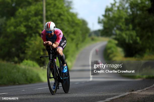 Participant competes in the cycle leg of the race during the IRONMAN 70.3 Staffordshire on June 12, 2022 in Stafford, England.