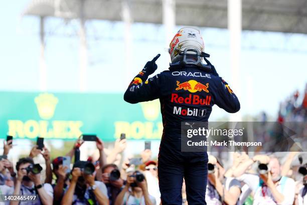 Race winner Max Verstappen of the Netherlands and Oracle Red Bull Racing celebrates in parc ferme during the F1 Grand Prix of Azerbaijan at Baku City...