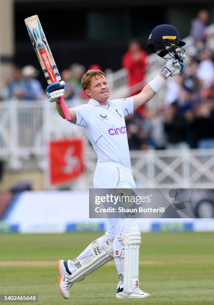 Ollie Pope of England celebrates his century during day three of the Second LV= Insurance Test match between England and New Zealand at Trent Bridge...