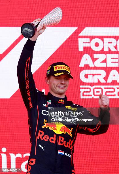 Race winner Max Verstappen of the Netherlands and Oracle Red Bull Racing celebrates on the podium during the F1 Grand Prix of Azerbaijan at Baku City...