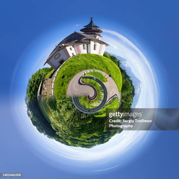 circle panorama of church in bavaria. little planet - 360 globe stockfoto's en -beelden