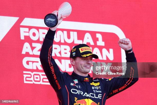 Race winner Max Verstappen of the Netherlands and Oracle Red Bull Racing celebrates on the podium during the F1 Grand Prix of Azerbaijan at Baku City...