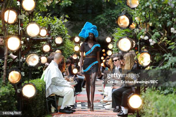 Model walks the runway at the Ahluwalia show during London Fashion Week June 2022 on June 12, 2022 in London, England.