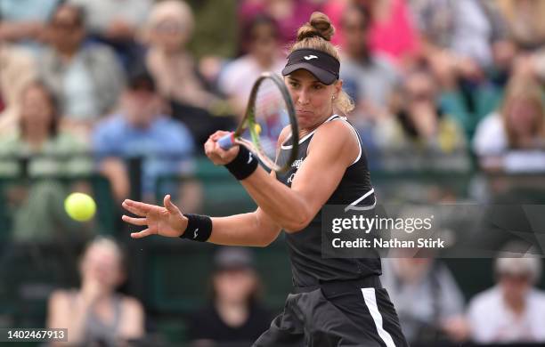 Beatriz Haddad Maia of Brazil plays against Alison Riske of United States in the women's single final match during day nine of the Rothesay Open at...