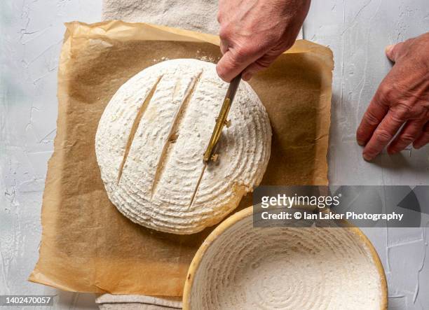 littlebourne, kent, england, uk. 7 june 2022. hand-scoring bread dough, formed into a loaf, prior to baking. - scoring bread stock pictures, royalty-free photos & images