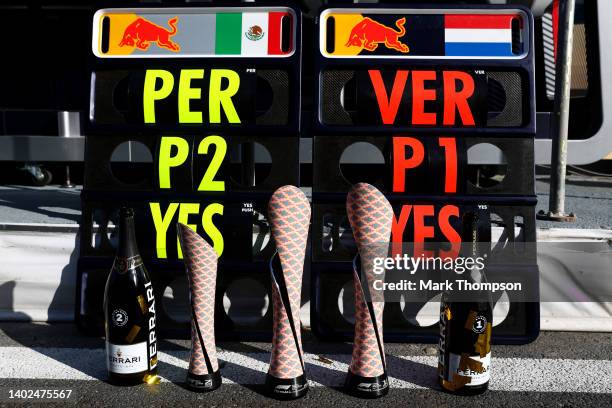 The race winners trophies of Max Verstappen of the Netherlands and Oracle Red Bull Racing, second place of Sergio Perez of Mexico and Oracle Red Bull...