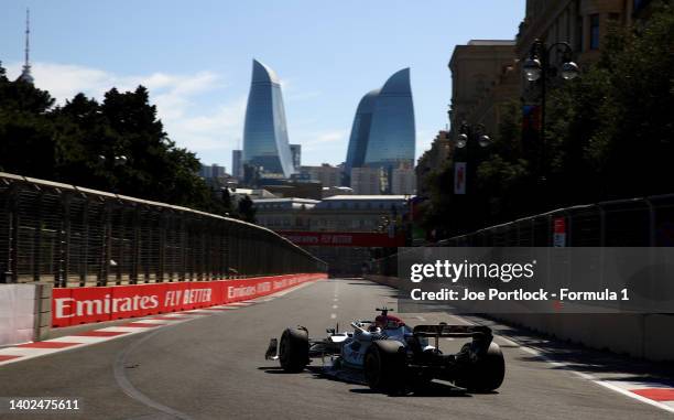 George Russell of Great Britain driving the Mercedes AMG Petronas F1 Team W13 on track during the F1 Grand Prix of Azerbaijan at Baku City Circuit on...