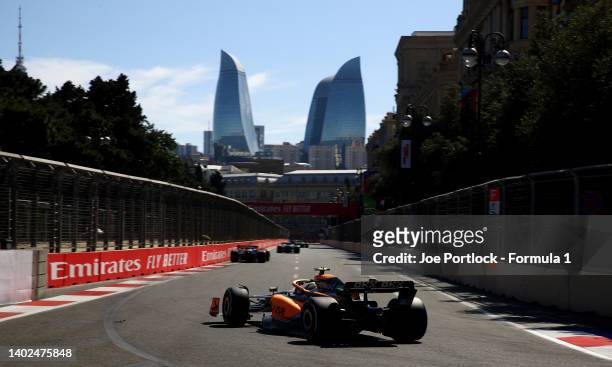 Lando Norris of Great Britain driving the McLaren MCL36 Mercedes on track during the F1 Grand Prix of Azerbaijan at Baku City Circuit on June 12,...