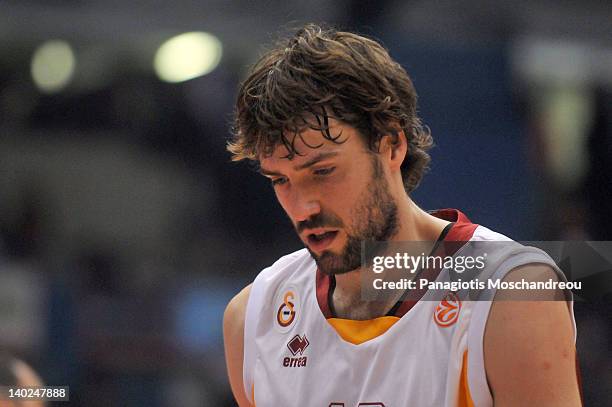 Luksa Andric of Galatasaray Medical Park reacts during 2011-2012 Turkish Airlines Euroleague TOP 16 Game Day 6 between Olympiacos Piraeus v...