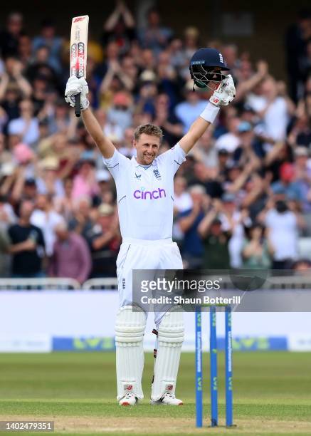 Joe Root of England celebrates his century during day three of the Second LV= Insurance Test match between England and New Zealand at Trent Bridge on...