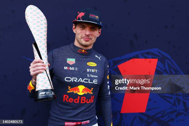 Race winner Max Verstappen of the Netherlands and Oracle Red Bull Racing poses for a photo with his trophy after the F1 Grand Prix of Azerbaijan at...